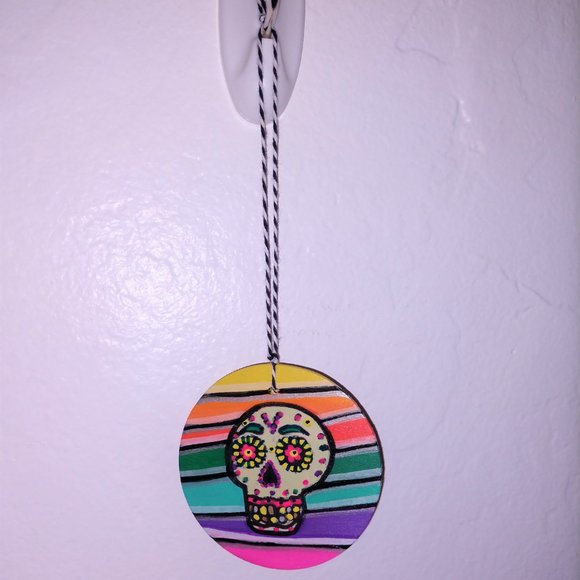 Handmade Ornament with Hand Painted Sugar Skull and Stripes For Dia De Muertos - Picture 2 of 16